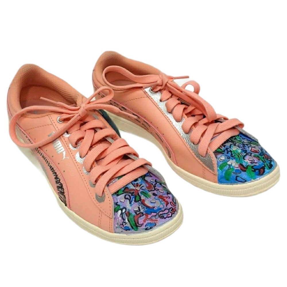 Puma Soft Foam Hand Painted Shoes Pink w/ Hearts